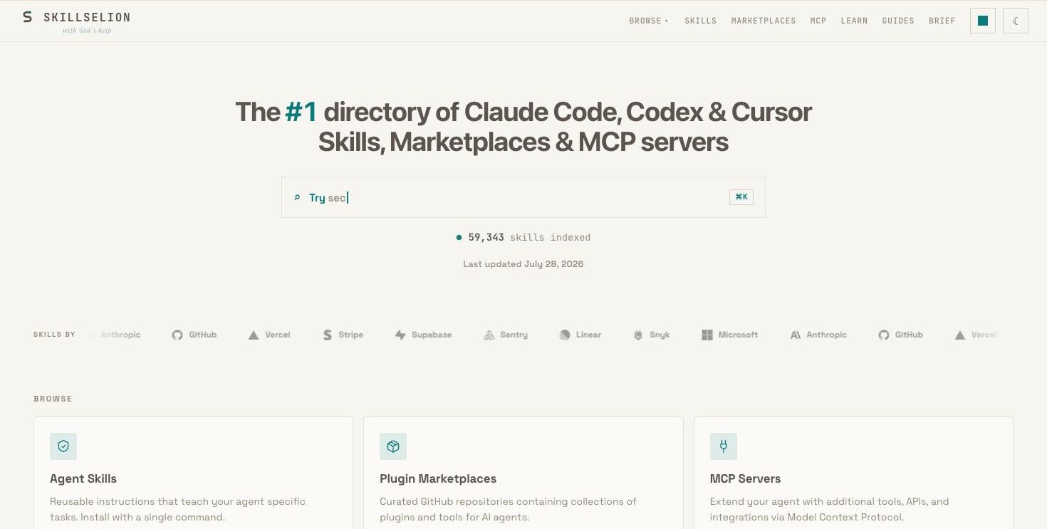 Skillselion homepage showing 59,343 skills indexed for Claude Code, Codex and Cursor