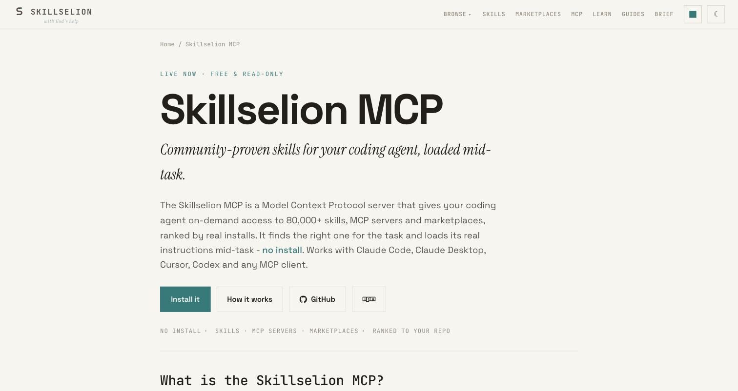 Skillselion MCP landing page: community-proven skills for coding agents, loaded mid-task